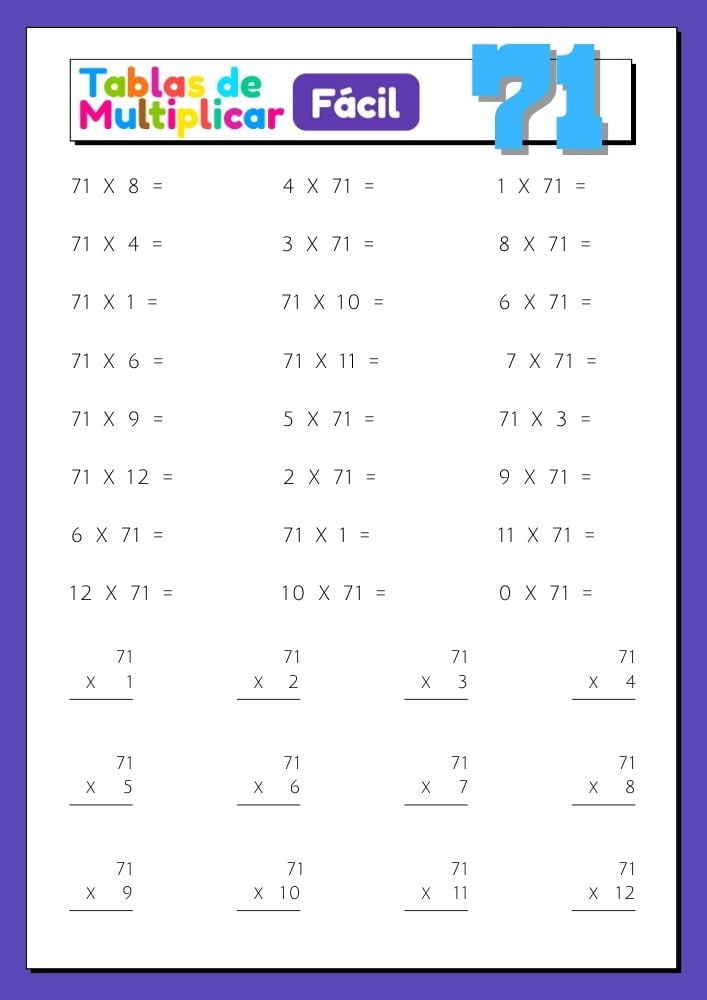 Imágenes con ejercicios para imprimir de la tabla del 71